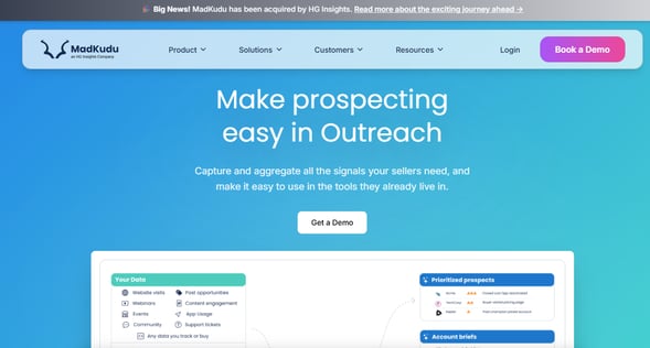 MadKudu prospecting platform in Outreach promoting unified sales signals and easier lead prioritization.