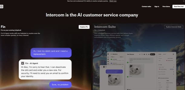 Intercom AI customer service platform showing chat support and helpdesk tools for faster resolutions.