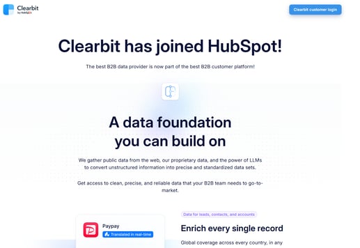 Clearbit data enrichment page announcing it joined HubSpot and highlighting B2B data foundations.