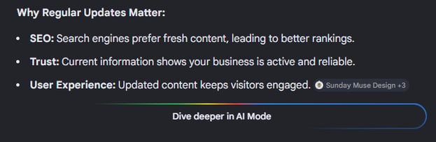 AI Overview explaining why regular website updates improve SEO, trust, and user experience.