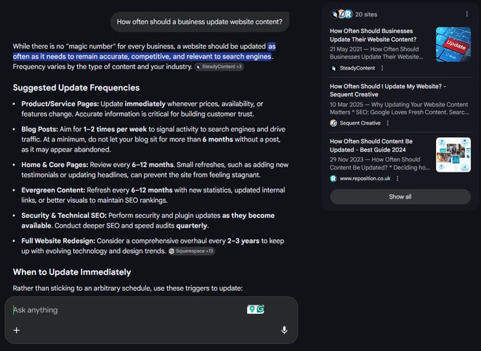 Google AI Mode showing suggested website content update frequencies by page type.