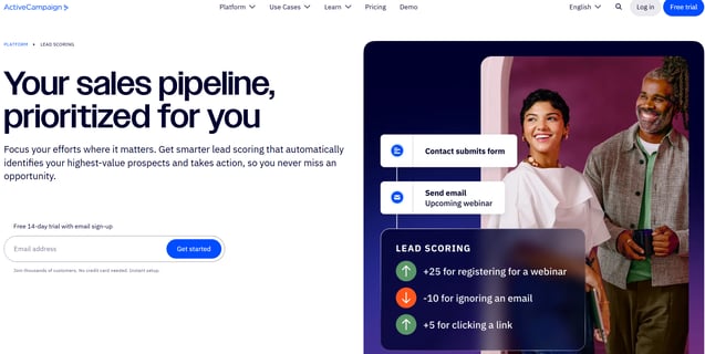 ActiveCampaign lead scoring hero promoting automated pipeline prioritization with engagement-based scoring.