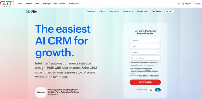 Zoho CRM homepage promoting an AI CRM for growth with lead capture form and automation messaging.