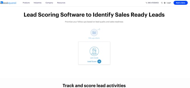 LeadSquared lead scoring page highlighting scoring to identify sales-ready leads based on activity and fit.