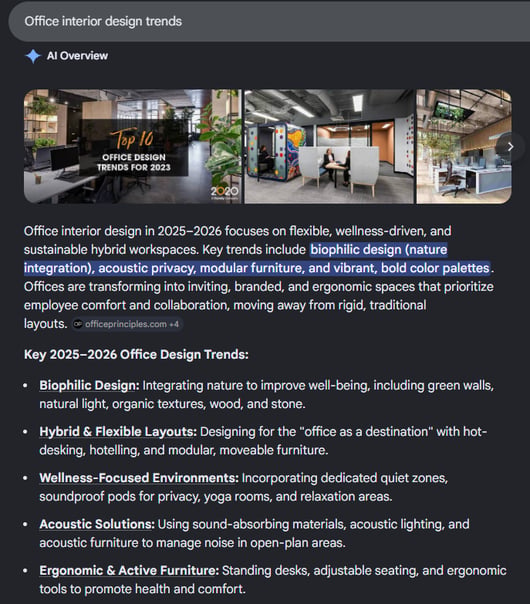 Google AI Overview example for office interior design trends with featured summary.