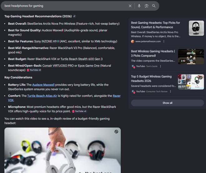 AI Overview displaying top gaming headset recommendations with a structured list format.