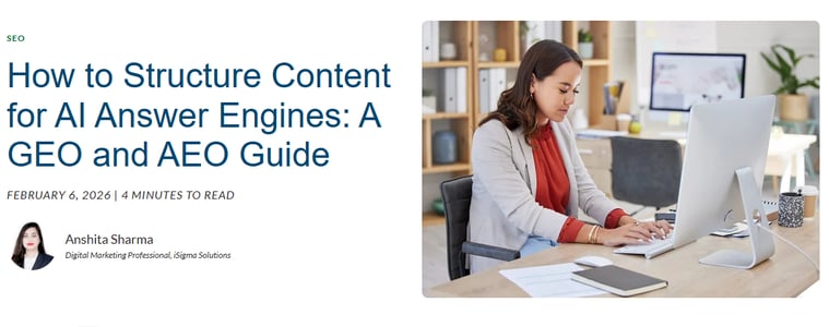 Blog header image for AI answer engine content structure guide with author and title.
