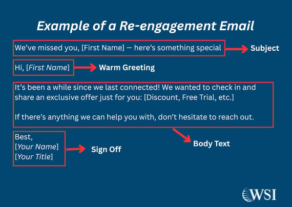 Re-engagement lead nurturing emails example with subject, greeting, exclusive offer, body text, and sign-off layout.