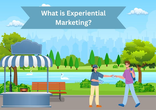Cartoon of a branded pop-up shop and street team handing out samples, showing experiential marketing engagement.