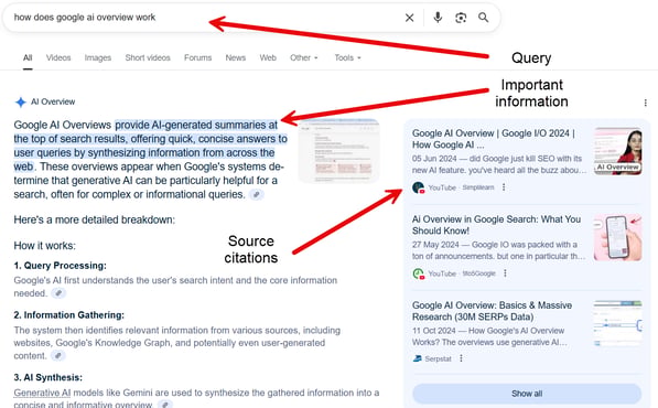 Highlighted Google search results showing AI overview on SEO and source citations.