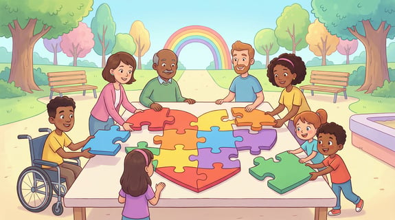 Group assembling a heart-shaped puzzle in a park, representing loyalty building on social media through community.