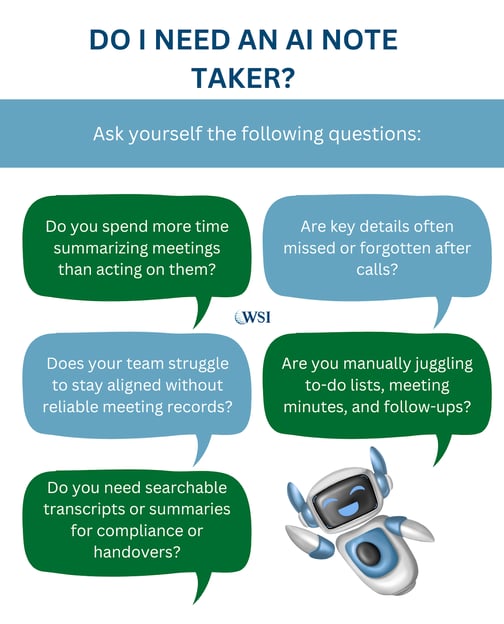 Checklist graphic asking key questions to evaluate the need for AI note taking tools in team meetings.