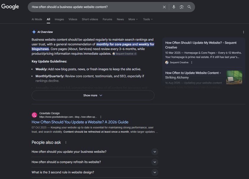Google AI Overview showing website update frequency recommendations in search results.
